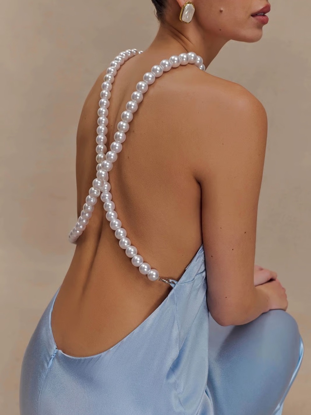 Meshki Light Blue Pearl-Strap Backless Slip Dress